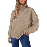 Saodimallsu Womens Mock Neck Sweater Tops Long Lantern Sleeve Fall Casual Loose Knit Basic Pullover Sweaters