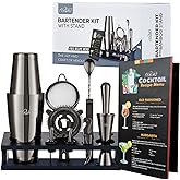 TEAVAS Mixology Bartender Kit with Japanese Jigger & Stand - 13 Piece Stainless Steel Cocktail Making Set -Boston Shaker, Str
