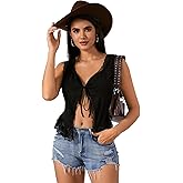 OYOANGLE Women's Going Out Top Lace Trim Front Tie Sleeveless Boho Summer Casual Crop Tank Blouse Shirt