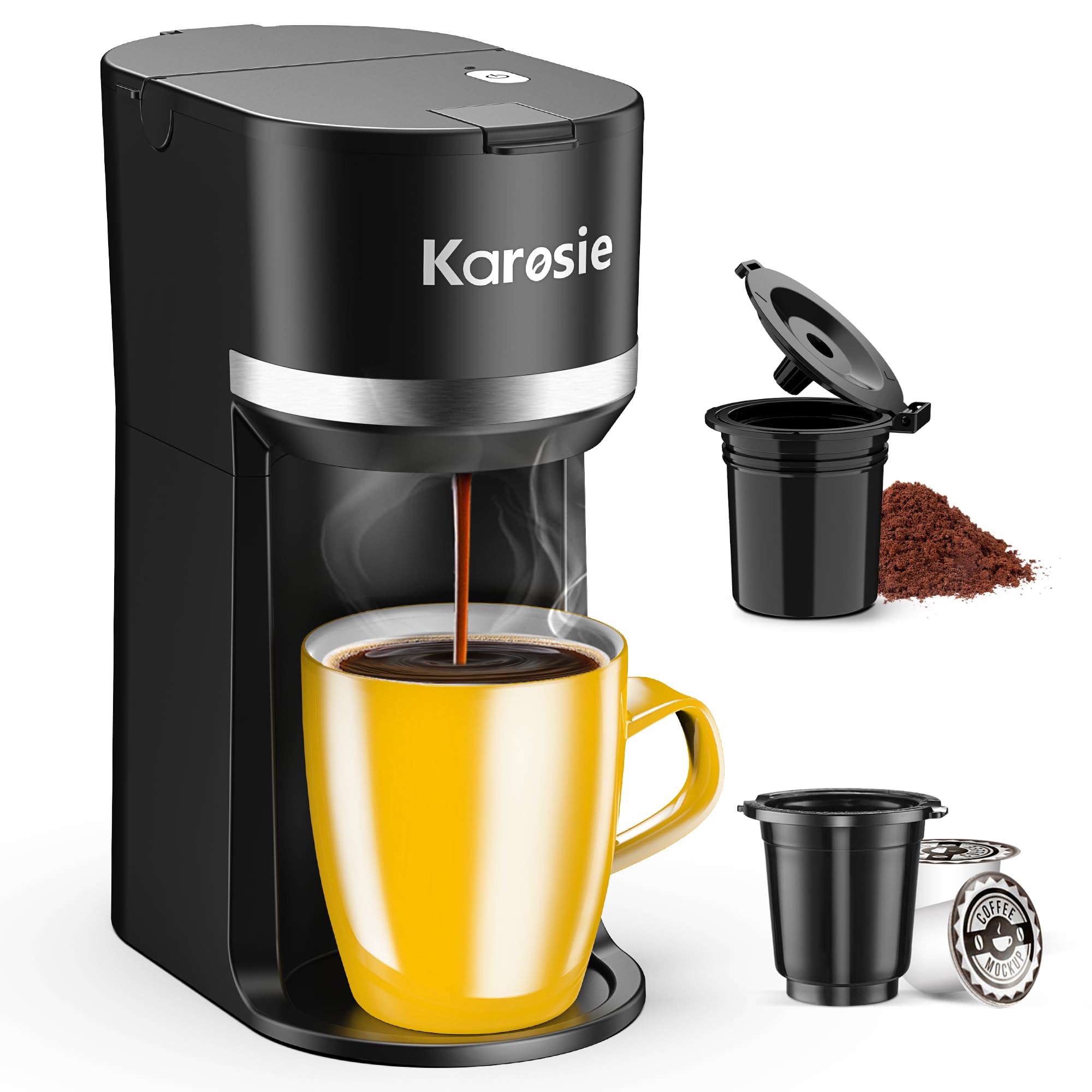 Photo 1 of Karosie Single Serve Coffee Maker, 6-12 oz Fast Brew One Cup Coffee Machine for K-Cup and Ground Coffee, One-Button Small Coffee Maker, Descaling Reminder,Black
