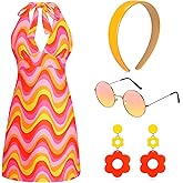 SATINIOR 4 Pcs 60s 70s Women's Hippie Costume Retro Disco Outfit Groovy Earring Headband Dress Sunglasses for Halloween Party