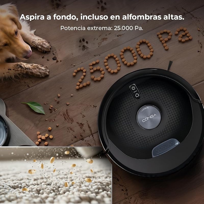 Robô aspirador e esfregão com base auto-esvaziante Conga Y80 Dark. Navegação a laser, 25000Pa, autonomia 240min, escova de silicone para animais, saco de pó 3L, Bluetooth e WiFi, aplicação