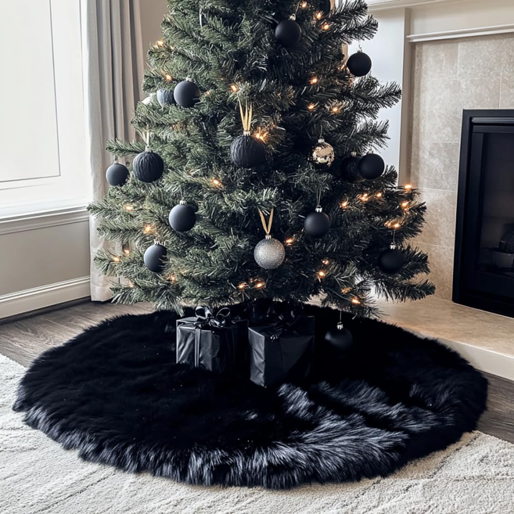 Photo 1 of AISENO 36 Inch Christmas Tree Skirt - Black Faux Fur Plush Holiday Decor for Xmas Tree, Festive Party, Home Decorations