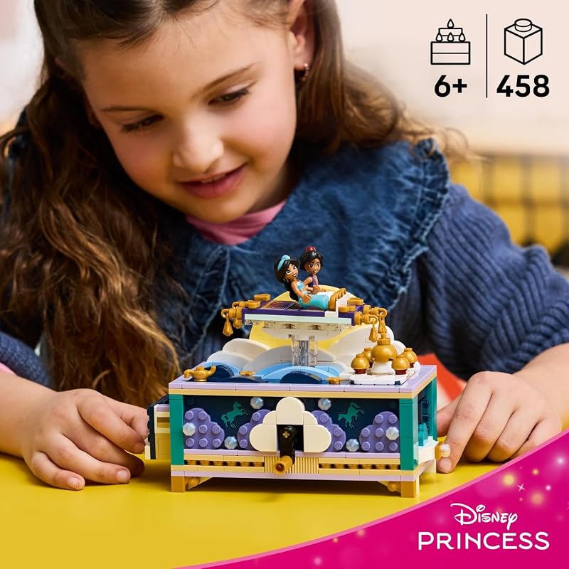 | Princesas Disney Joyero de Jasmine – Juguete de Aladdin con 2 Mini Muñecos, 2 Anillos y Lámpara del Genio – Decoración para la Habitación – Regalo para Niñas de 6+ Años y Fans – 43295