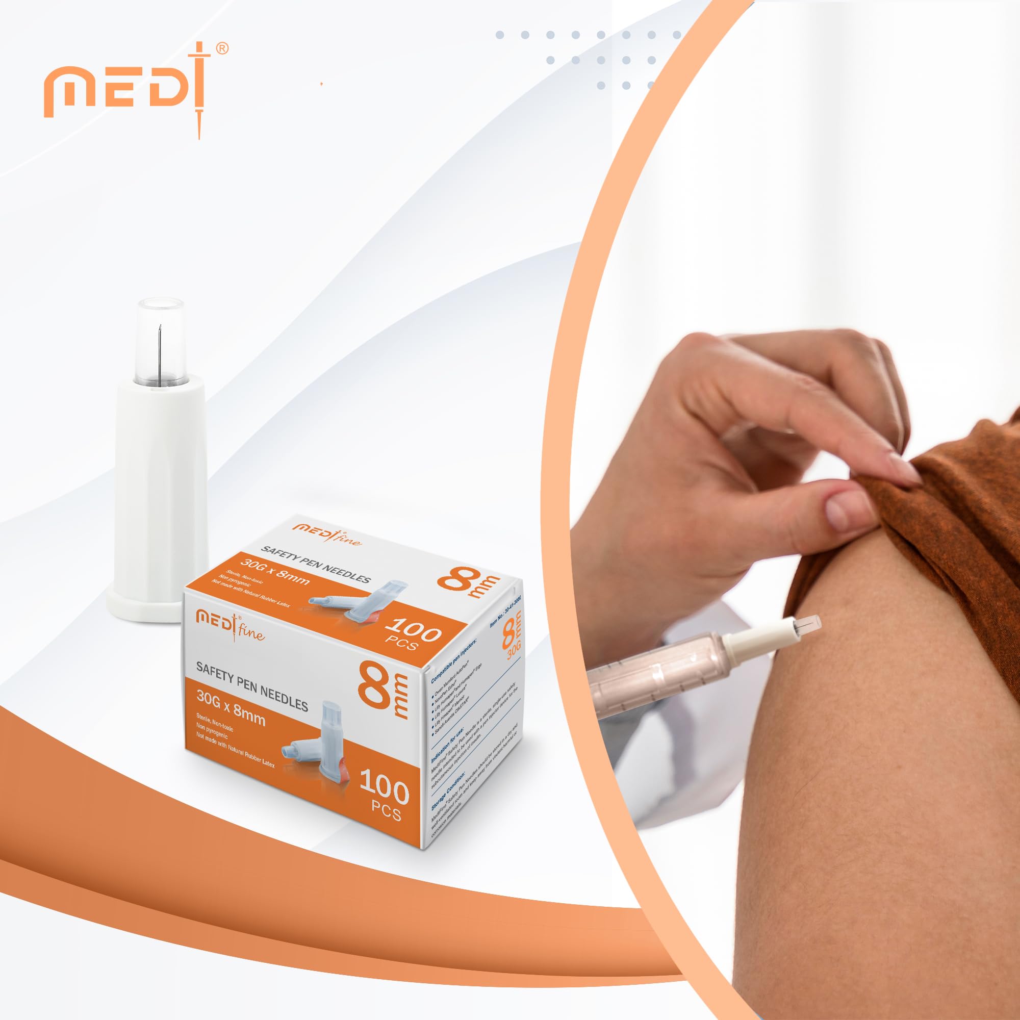 Fine Safety Pen Needles (30G 8mm) - Diabetic Needles for Insulin Injections, Ultra Fine Compatible with Most Diabetes Pens, Gamma Sterilized - 100 Ct, Pack of 1