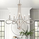 LMSOD Modern Brushed Nickel Finish Chandeliers, 5-Lights Farmhouse Candle Scroll Arms Dining Room Light Fixture Industrial Ce