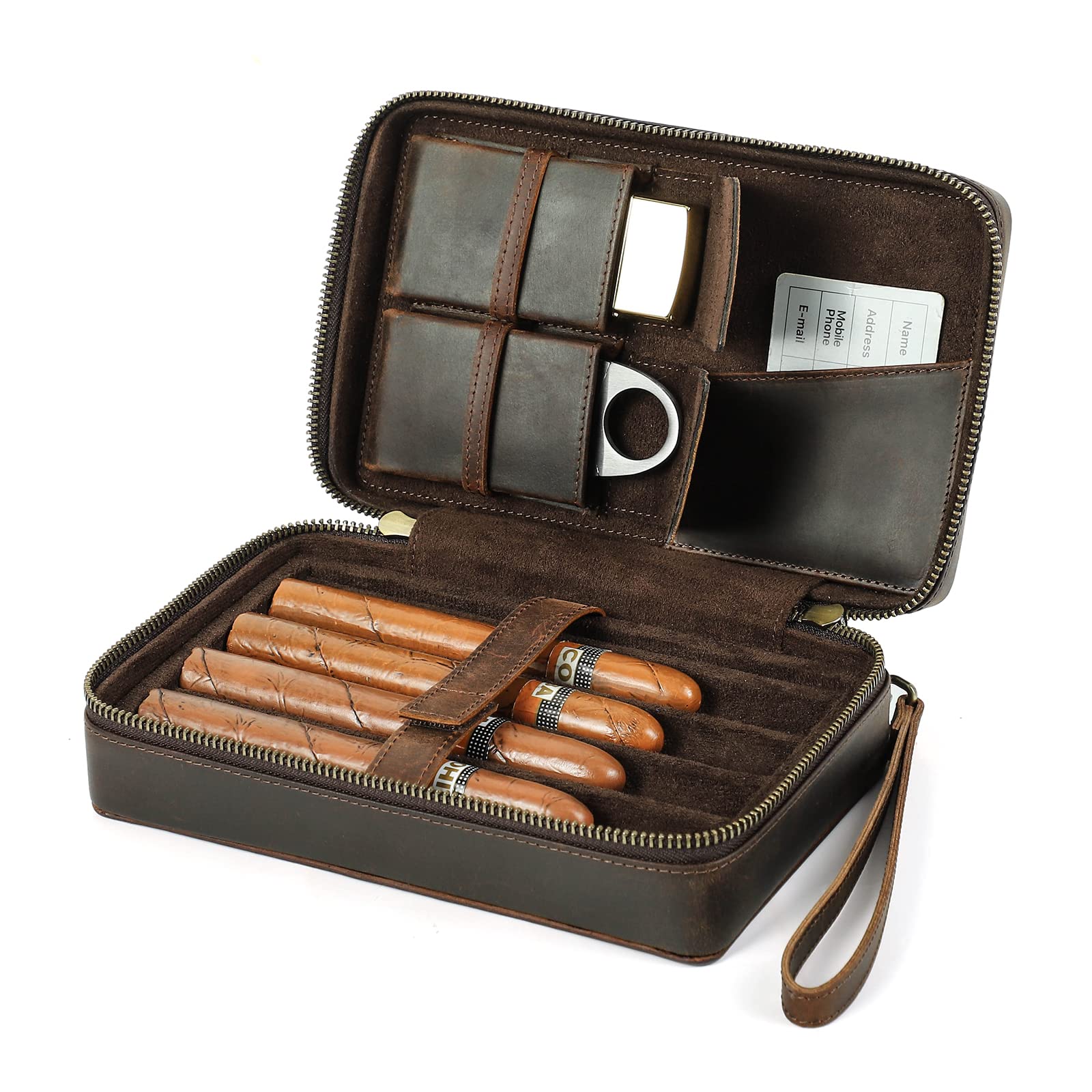 Contacts Portable Travel Humidor with Cigar Cutter and Lighter slot, Leather 4 Cigars Case (no accessories/cigar),Multifunctional Cigar Accessory Organizer Box with wrist strap
