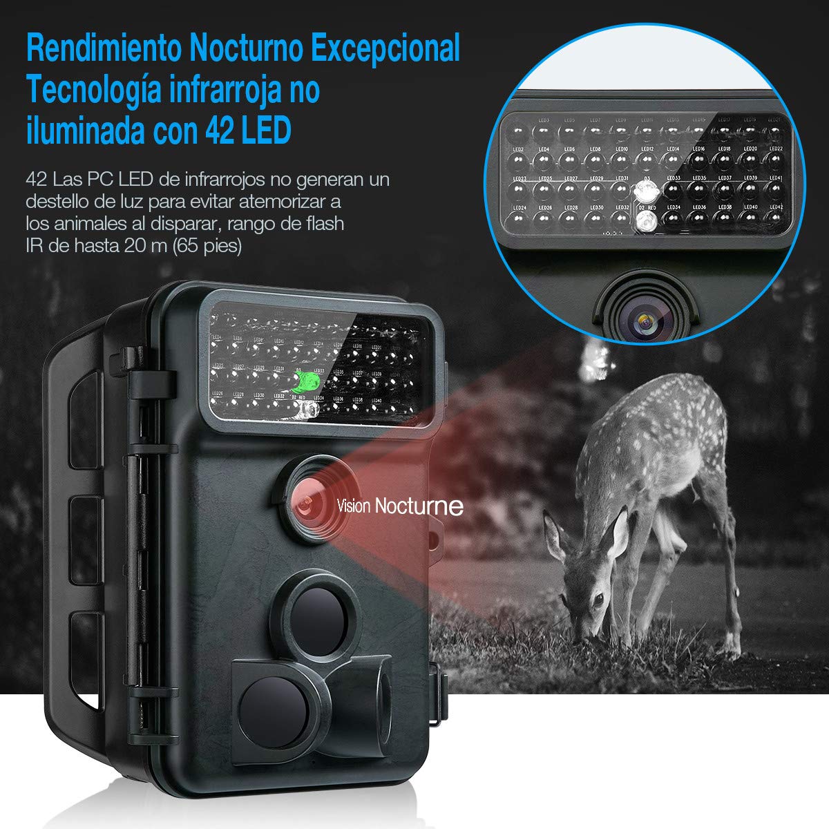 Powerextra Cámara de Caza Vigilancia 16MP Full HD 1080P Angular Amplio de 120° 42pcs IR Leds Visión Nocturna con hasta 20M Monitor LCD de 2.4\'\' Cámara de Vigilancia IP66 Resistente Intemperie