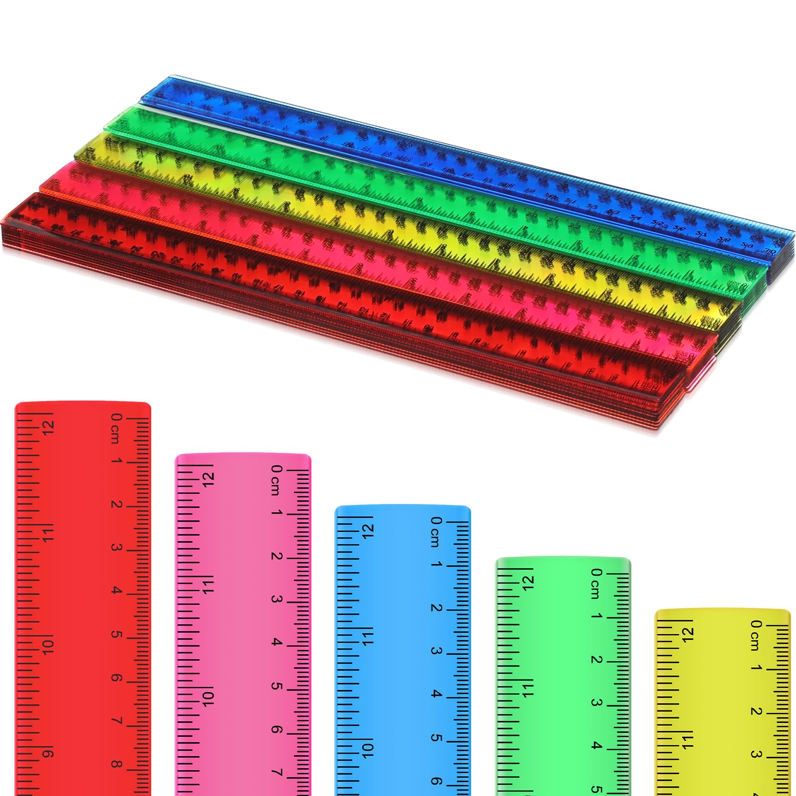 Photo 1 of Zonon 50 Pcs 6 Inch/12 Inch Plastic Rulers Bulk Flexible Straight Rulers with Inches Centimeters First Day of School Gift Students Back to School Office Home Supplies(Clear Colorful,12 Inch)