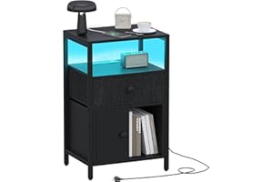 Yifeel Night Stand, LED Nightstand with Drawer, Side Table with Charging Station, Bedside Table with Storage Shelf and Cabinet, Black JET004CB1