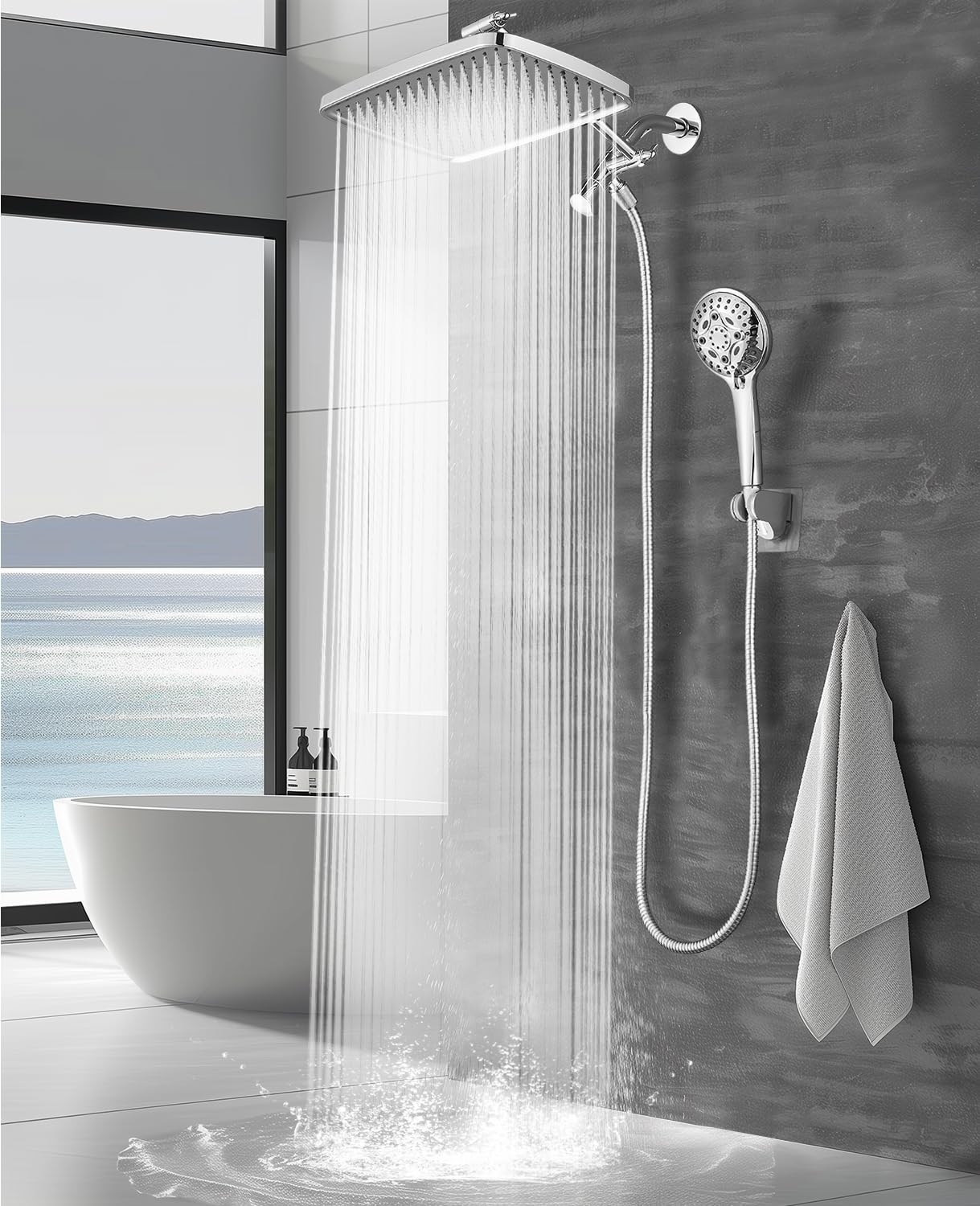 Photo 1 of Heemli 12-inch Rain Showerhead - Dual Showerheads, High Pressure Showerhead with 8 Pattern Handheld Sprayer Set - Height Adjustable Upgrade Extension Arm, Chrome Plated