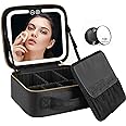 VANMRIOR Travel Makeup Bag with LED Lighted Make up Case with Mirror 3 Color Setting Cosmetic Makeup Box Organizer Vanity Case for Women Beauty Tools Accessories Case Rechargeable