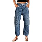 PLNOTME Womens Cargo Barrel Jeans High Waisted Boyfriend Baggy Denim Pants with 6 Pockets