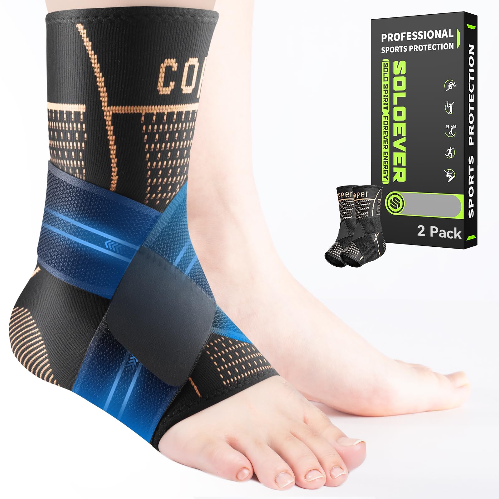 Photo 1 of [360° Full Compression] Copper Ankle Brace for Women & Men, [Double-sided Gel Pad] 2 Pack Ankle Support for Achilles Tendonitis, Sprained Ankle, Injury Recovery, Running, Sports (Black, Medium)