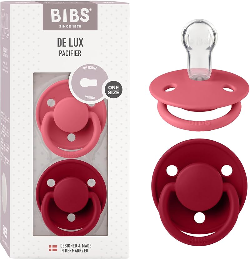 BIBS De Lux Dummy 0+ Months 2-Pack Round Teat Coral Ruby Brand Bibs