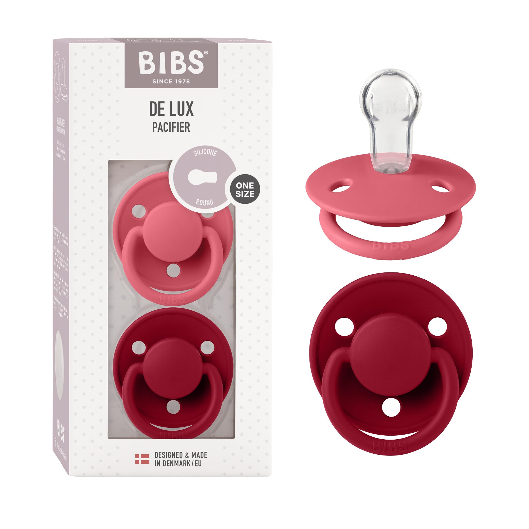 BIBS De Lux Dummies 2-Pack, BPA Free Dummy Pacifier, Round Nipple. Silicone, OneSize (0-36 Months), Coral/Ruby — image 1