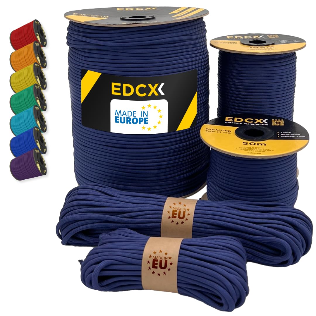 EdcX Paracord 4mm, 35+ Solid Colors (10m, 15m, 30m, 50m, 100m, 300m) | Ideal for Crafting, DIY, Camping, Survival, Outdoor | 100% Nylon Rope 4mm | Tactical Cord 550 Type III (Navy Blue, 300 m)