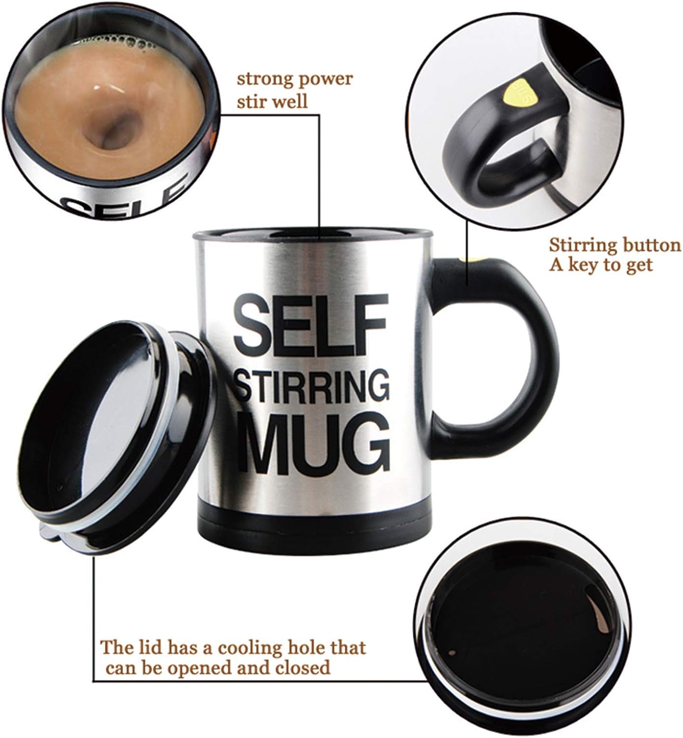 Self Stirring Coffee Mug, Stainless Steel Electric Coffee Mug with Lid 450ml for Coffee Tea Hot Chocolate Milk and Cocoa (Black, Batteries Not Included) - Image 3
