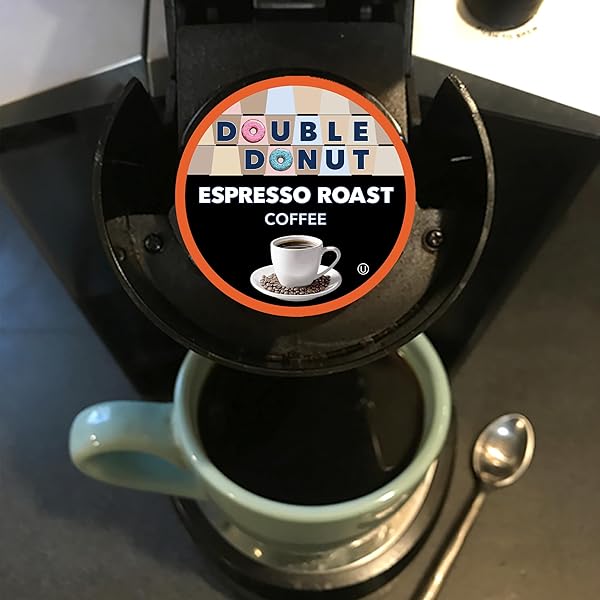 DOUBLE DONUT COFFEE ESPRESSO ROAST BLEND IN RECYCLABLE SINGLE SERVE ESPRESSO PODS FOR THE KEURIG K CUP MACHINE, 24 COUNT