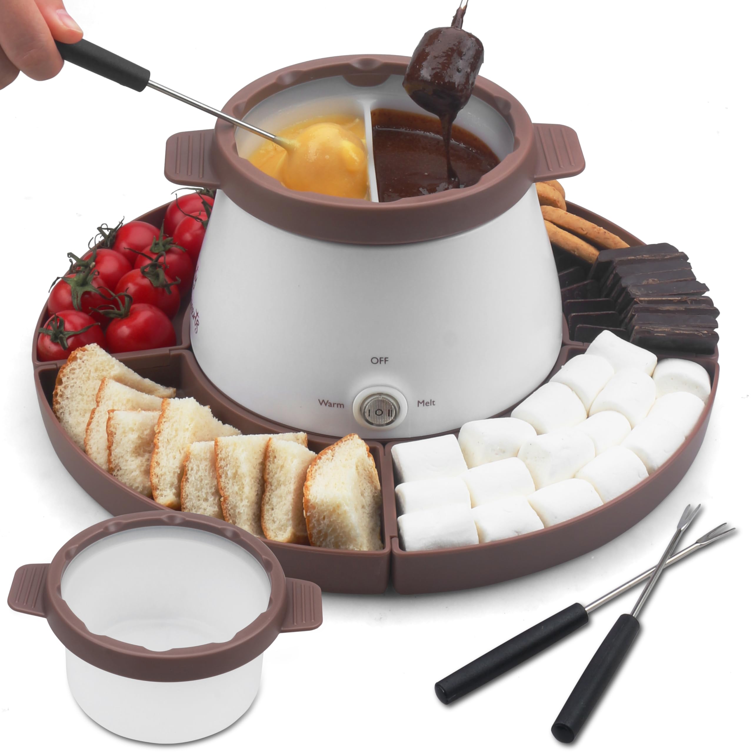 Photo 1 of ***CORD MISSING***Party Desserts Electric Fondue Pot Set with 2 Pots, Melting Chocolate Warmer for Dipping, Candy & Chocolate Melting Pot, Fondue Pot Electric Set, Fondue Forks Included, 2.5 Cups, Brown