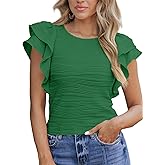 SHEWIN Womens Tops Casual Crewneck Ruffle Short Sleeve T Shirts Slim Fit Dressy Blouses