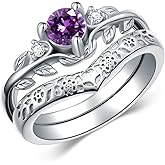 QKABTI Round Amethyst Engagement Rings Set for Women 925 Sterling Silver, Stackable Amethyst Leaf Ring Unique Bridal Wedding Rings Size 4-10