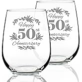 Bevvee Happy 50th Anniversary - Stemless Wine Glass Gifts for Women & Men - Set of 2-50 Year Anniversary Party Decor - Large 17 Ounce Glasses