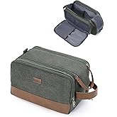 WANDF Toiletry Bag for Men Travel Toiletry Organizer Canvas and Leather Dopp Kit Water-Resistant Shaving Bag for Travel Accessories (Green, Medium)