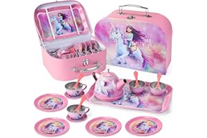 Lajeje Unicorn Tea Party Set for Toddler Girls – 19-Piece Pretend Play Tin Tea Set with Teapot, Cups, Plates, Spoons & Carrying Case – Princess Kitchen Toys for Kids Ages 3-8 – Birthday Gift