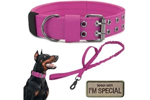 PERIFLOWIN Tactical Dog Collar Military Adjustable Dog Collars Soft Nylon Training Collar with Patch Heavy Duty Metal Buckle Collars for Medium Large Dogs (Pink-1, L)