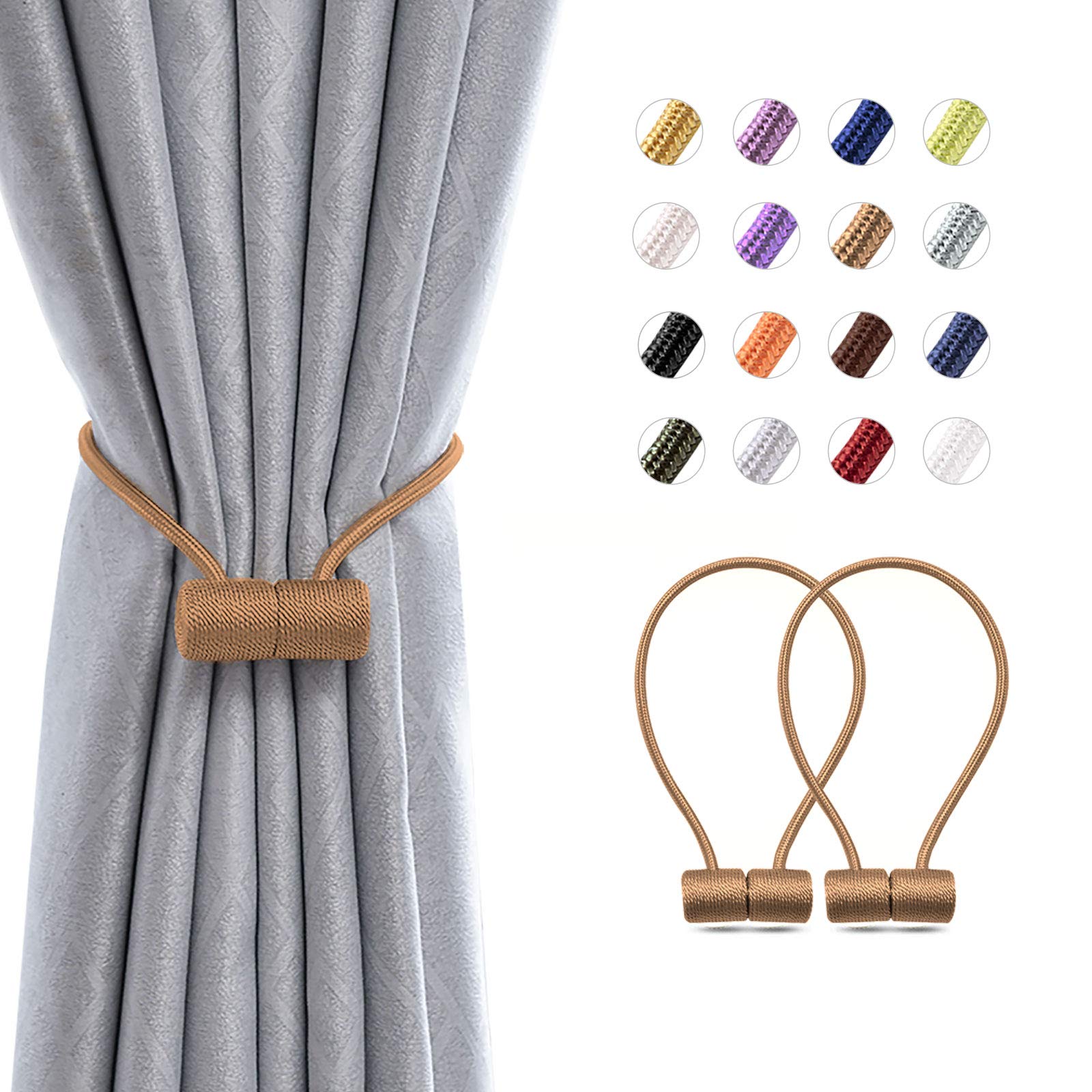 Pretty Jolly 2 Pack Magnetic Curtain Tiebacks 16 Inch Modern Handmade Weave Rope Curtain Holdbacks Convenient Decorative Curtain Drape Tie Backs for Home and Office Window Drapery (Light Coffee)