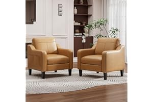 MALOL PU Leather Accent Chair Set of 2, Mid-Century Modern Living Room Armchair Sofa with Removable Cushions, Solid Wood Frame & Stitched Armrest Design, Bedroom Chair with Plastic Legs, Brown