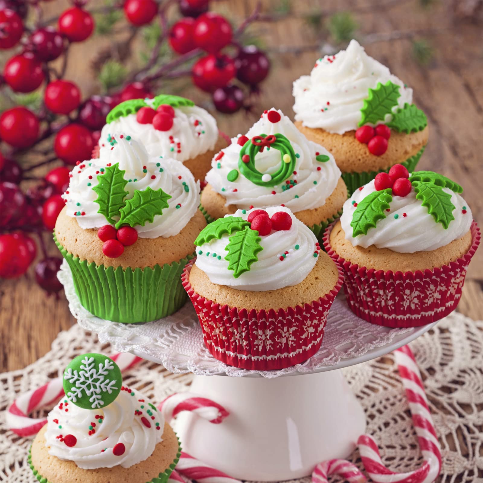 Christmas Silicone Fondant Candy Soap Cake Molds - Snowflake, Tree, Reindeer, Holly Leaves - Baking Molds for Christmas and New Year Party Cupcake Decor, 8 Pieces