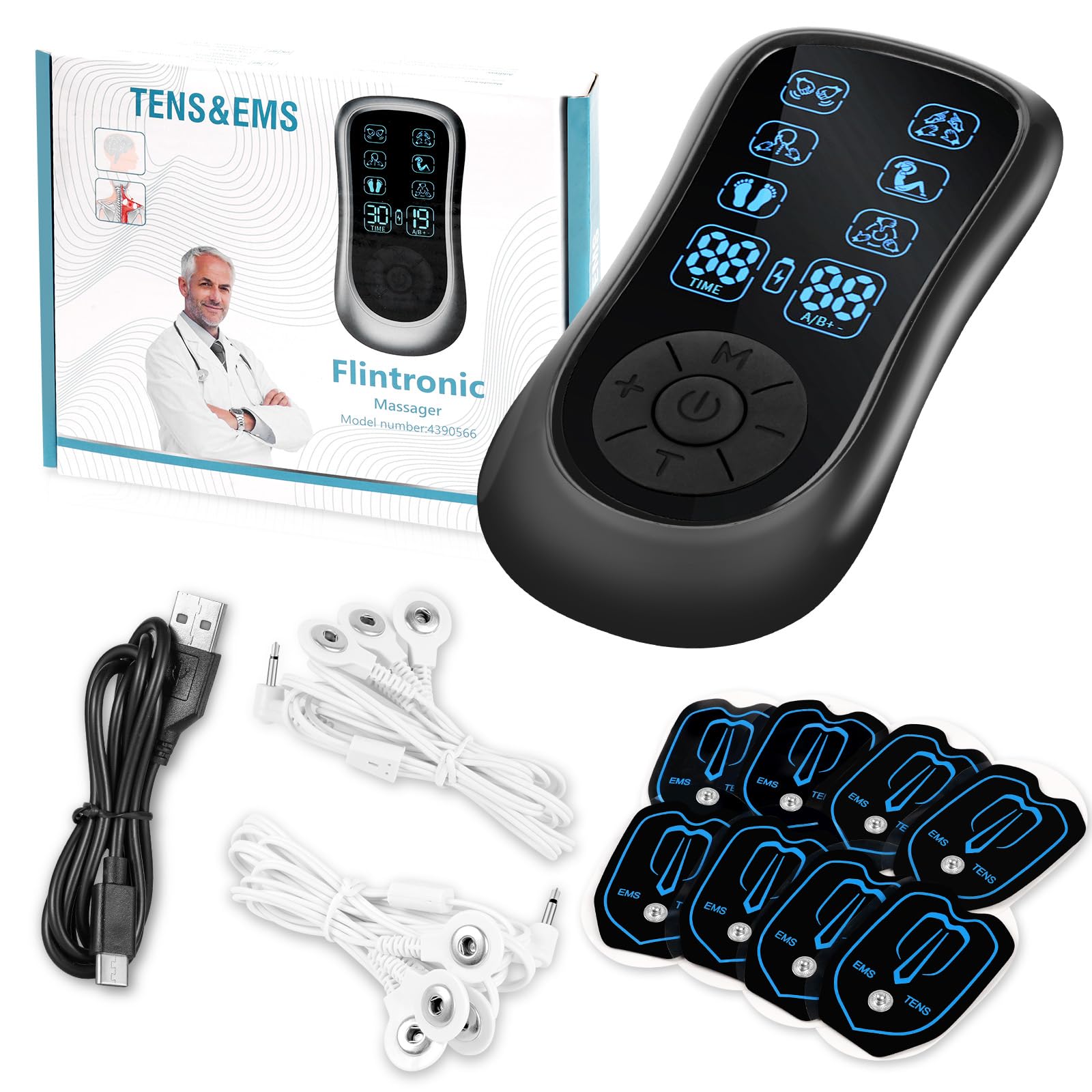 Flintronic TENS Machine, Dual Channel TENS Unit with 6 Modes,19 intensities, 8 Pads Replacement, Rechargeable Muscle Stimulator for Pain Relief, Muscle Strength(Black)