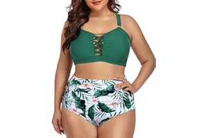 Daci Women Plus Size Two Piece Bikini Swimsuit High Waisted Tummy Control Bottom Bandeau Lace Up Bathing Suit