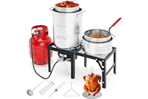 ROVSUN 30QT Turkey Fryer & 10QT Fish Fryer Kit with 54000BTU Propane Stove & Foldable Side Table, Aluminum Deep Fryer Pot for Outdoor Cooking Seafood Boiling w/Lifting Hook, Turkey Rack & Thermometer