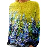 Women's Colorful Painting Landscape Floral Print Sweater Casual Loose Knitted Crewneck Long Sleeve Cropped Pullover Tops