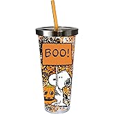 Spoontiques - Glitter Filled Acrylic Tumbler - Glitter Cup with Straw - 20 oz - Stainless Steel Locking Lid with Straw - Double Wall Insulated - BPA Free - Peanuts Halloween Drinking Cup