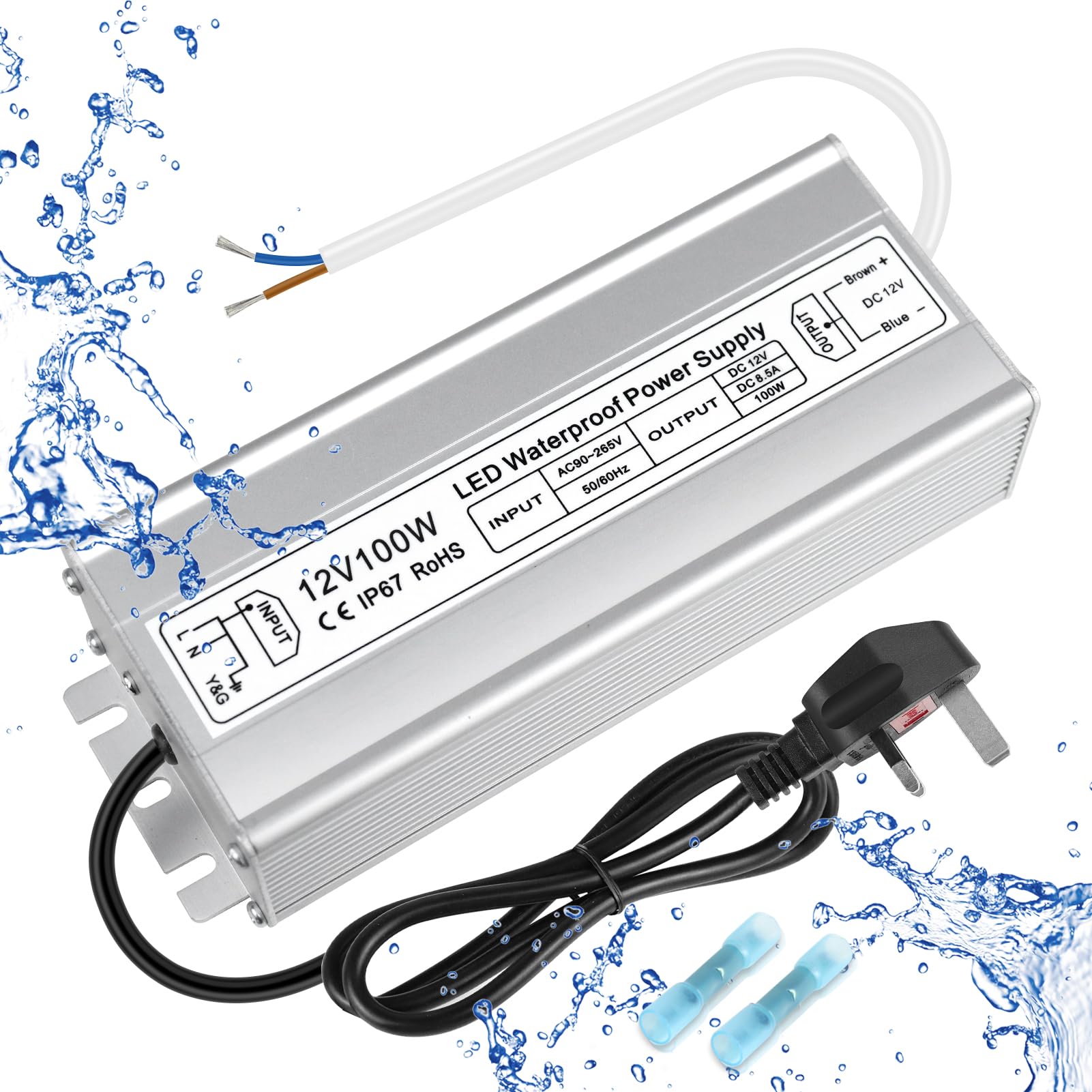 inShareplus LED Power Supply, 12V 100W IP67 Waterproof Outdoor Driver, AC 110-260V to DC 12V 8.5A Low Voltage Transformer, Adapter with 3-Prong Plug for LED Light, Computer Project, Outdoor Use