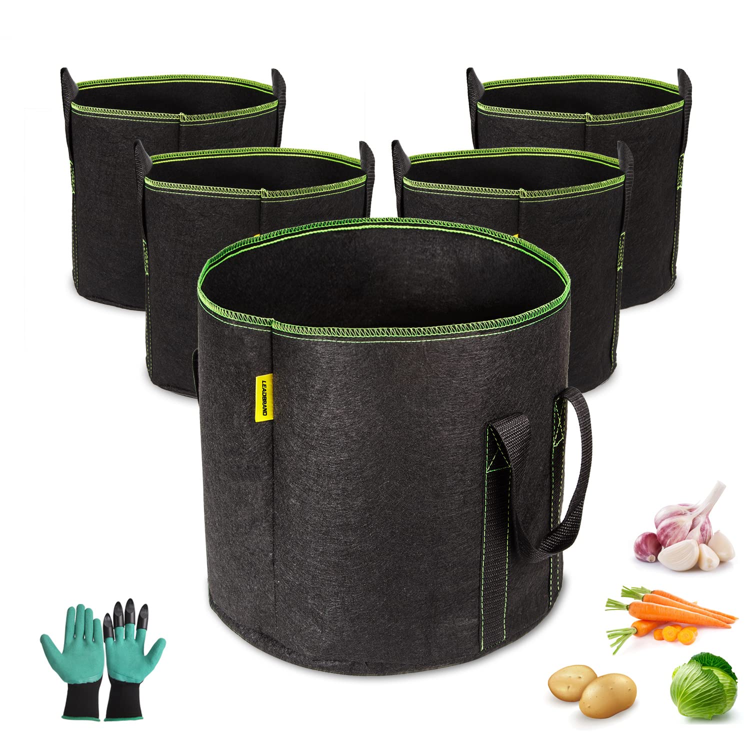 Grow Bags for Plants, Thickened Breathable Nonwoven Fabric Pots with Handles, 5-Pack 5 Gallon, Tomato Strawberry Vegetable Fruit Flowers, Black