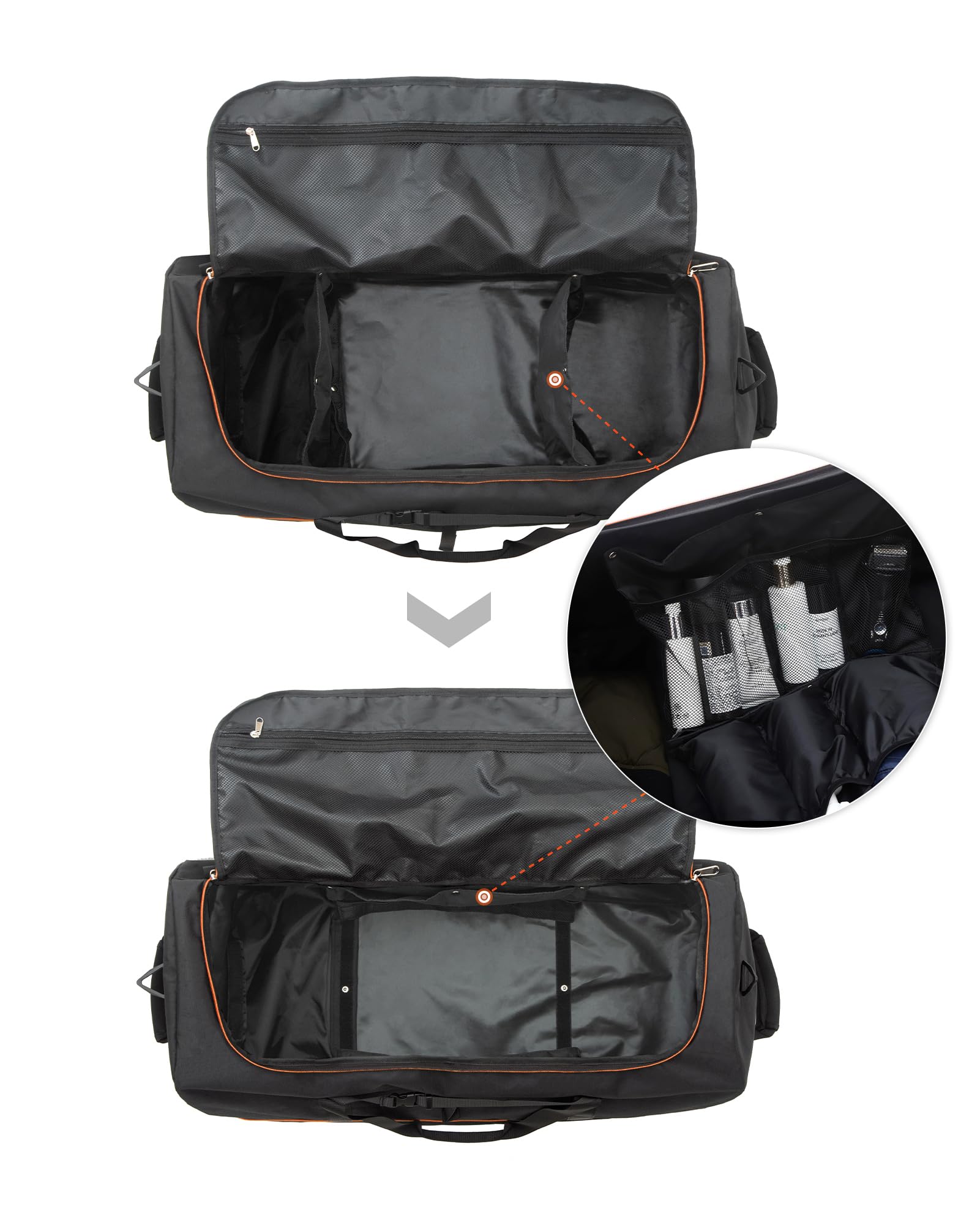 CONTAIL 32” Soft-side 110L Expandable 140L Rolling Duffle Bag with 2 Inline Wheels,Convertible Weekend Travel Bag with Bungee-Cord System,Black-orange
