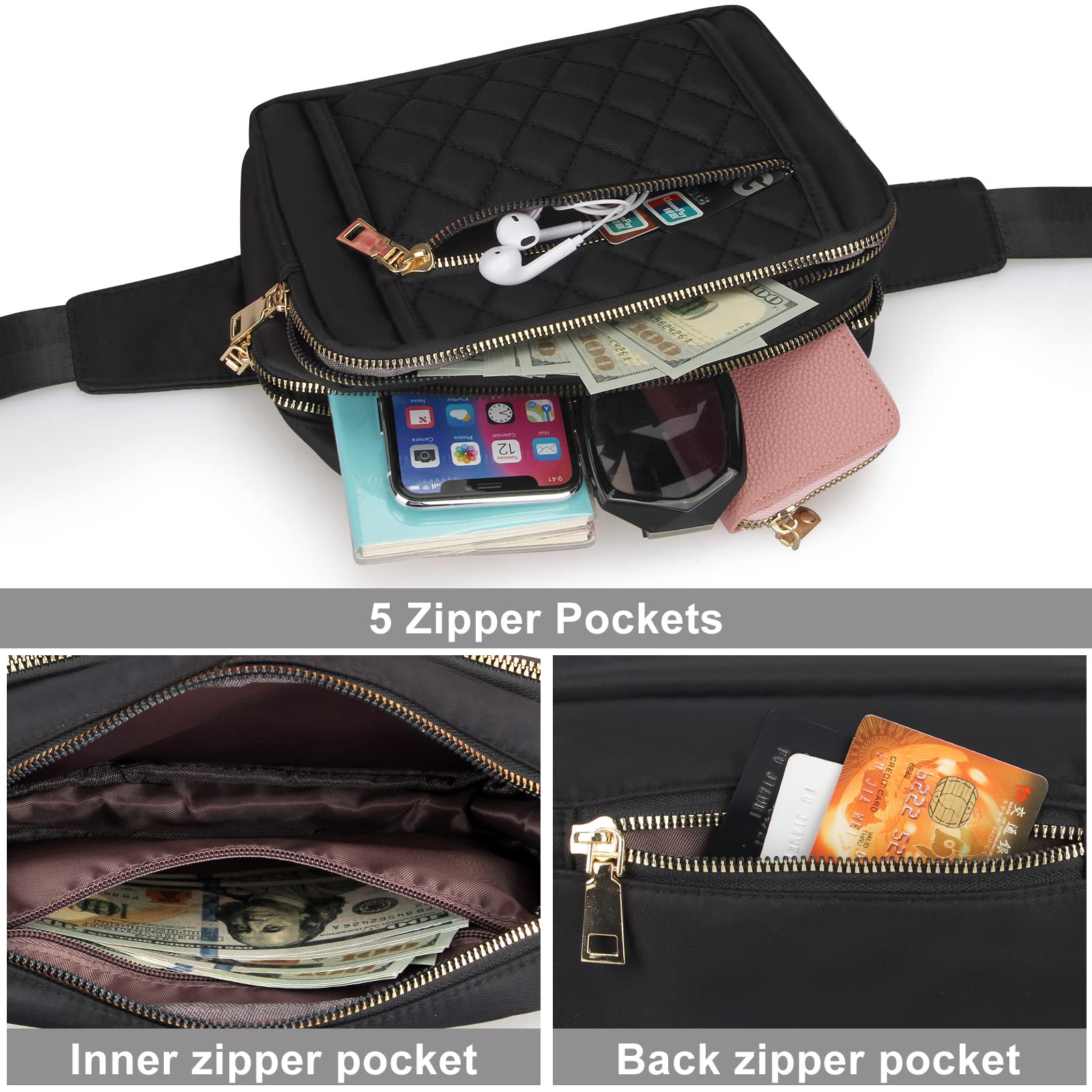 Cute Large Black Fanny Packs for Women Cross Body Waist Bag Nylon Fashionable Fanny Pack Designer Workout Hiking Waist Pack Running Travel Gym Pretty Zipper Fashion Quilted Womens Fanny Pack