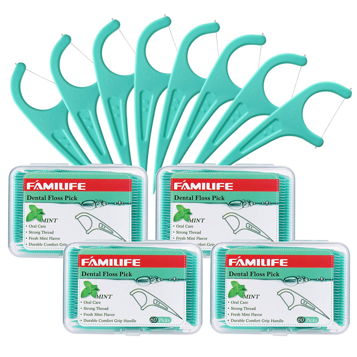 FAMILIFE Floss Picks Mint Dental Floss Picks with 4 Travel Handy Cases 240 Count Flossers: Beauty