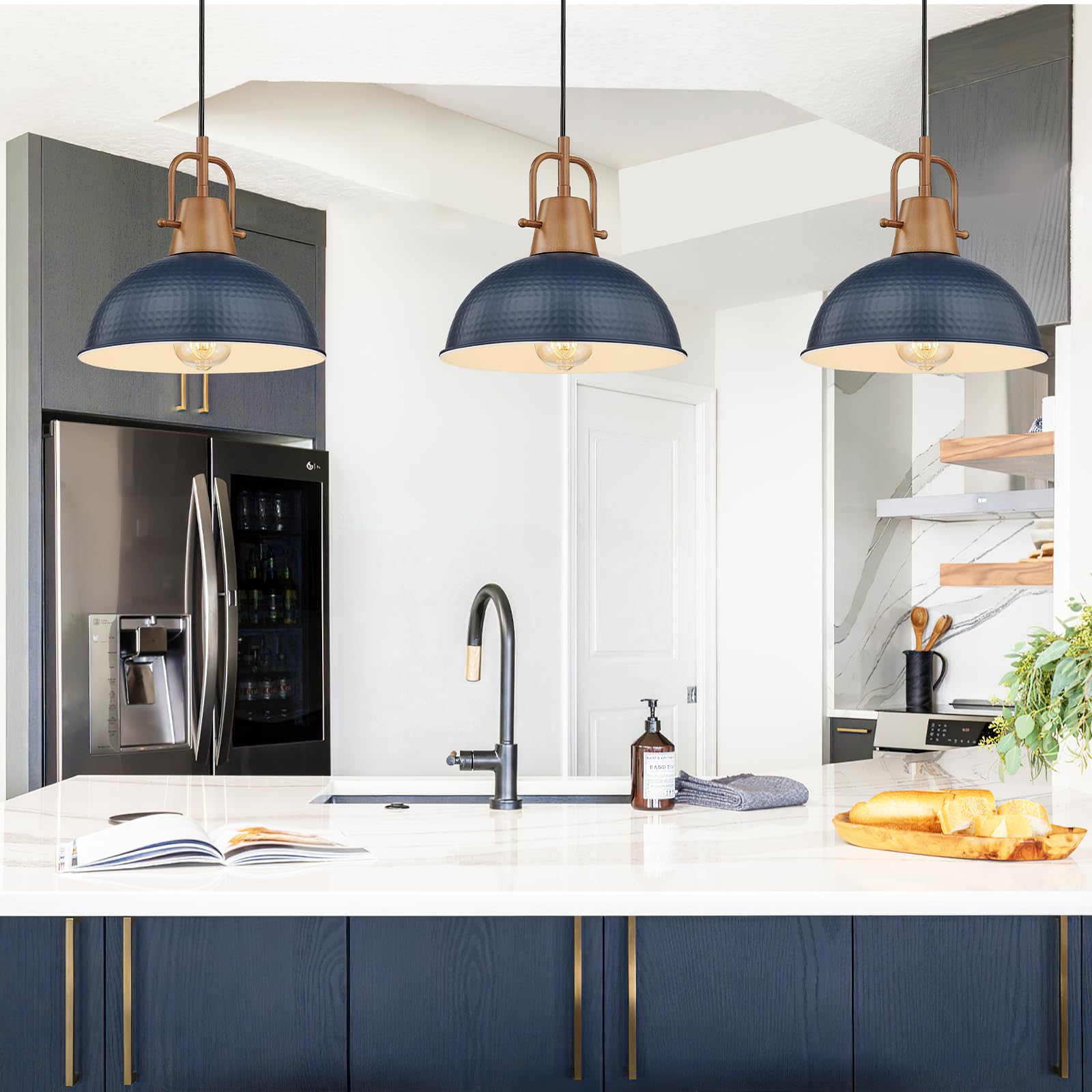 Photo 1 of Emliviar 3 Pack Dome Chandeliers, Vintage Blue Pendant Lights with Wood Grain Part, GE269MIL-3 BL+WD