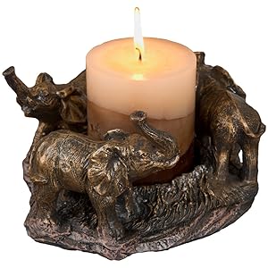 Evelots Elephants on Parade-Pillar Candle Holder-Bronze-Hand Painted-Centerpiece