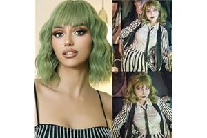 incohair Green Wigs matcha green Wig with Bangs Women Girls Short Curly Wavy Bob Wig Shoulder Synthetic Party Wigs Wig Cap Included (matcha green)