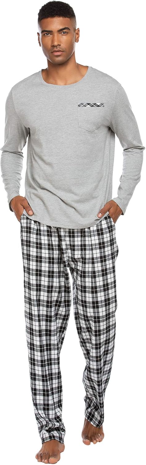 Ekouaer Pajama Set Men's Long Sleeve Sleepwear with Plaid Pants Comfy Pjs Set with Pockets Loose Lounge Set: Clothing