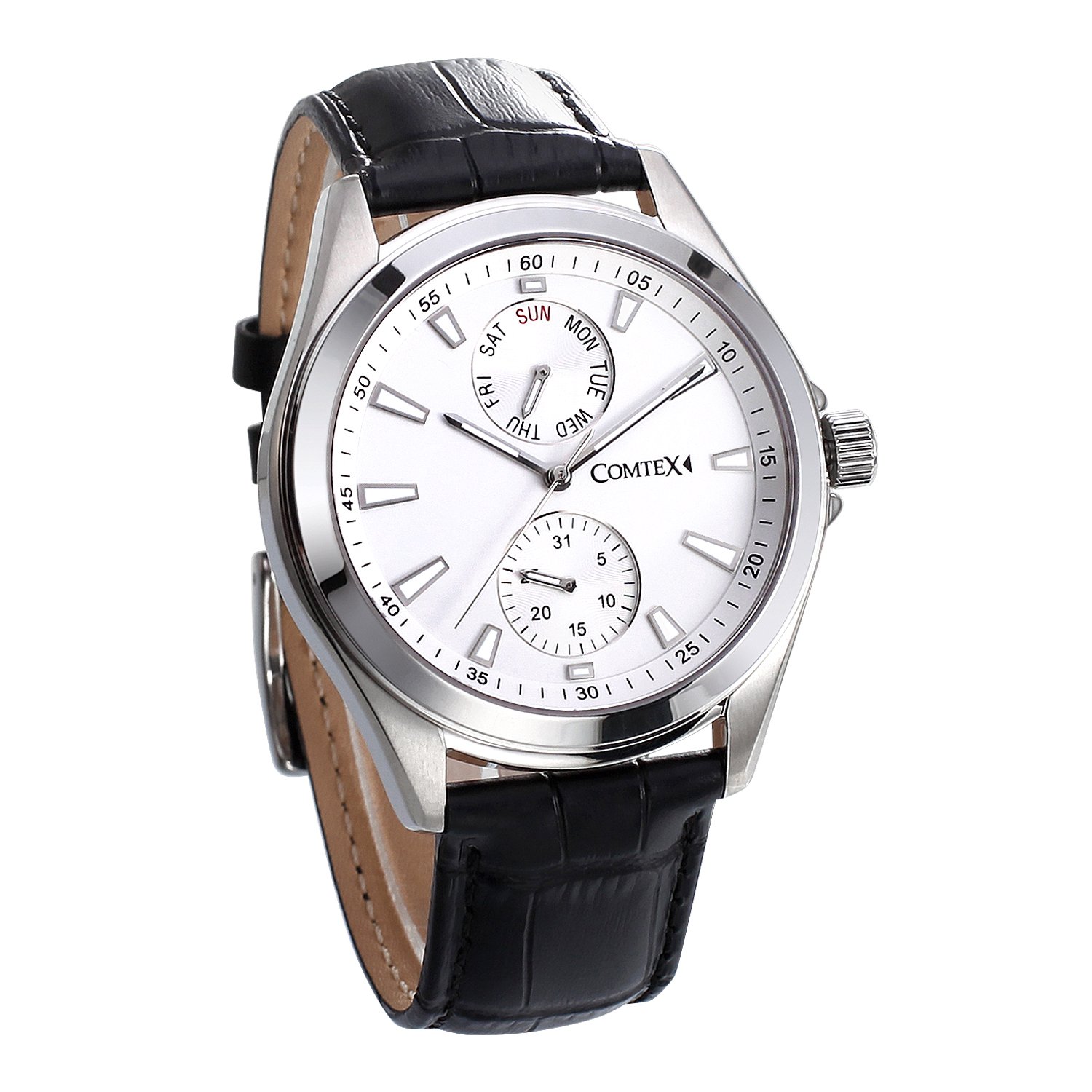 COMTEX Men's Watch White Dial Day Date Display Black Leather Strap … — image 1