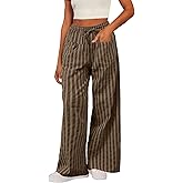 Acelitt Women Casual Drawstring Elastic Waist Loose Wide Leg Striped Pants with Pockets, S-XXL