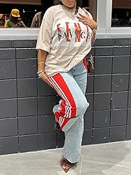 Angsuttc Womens Jeans with Patchwork Stripes High